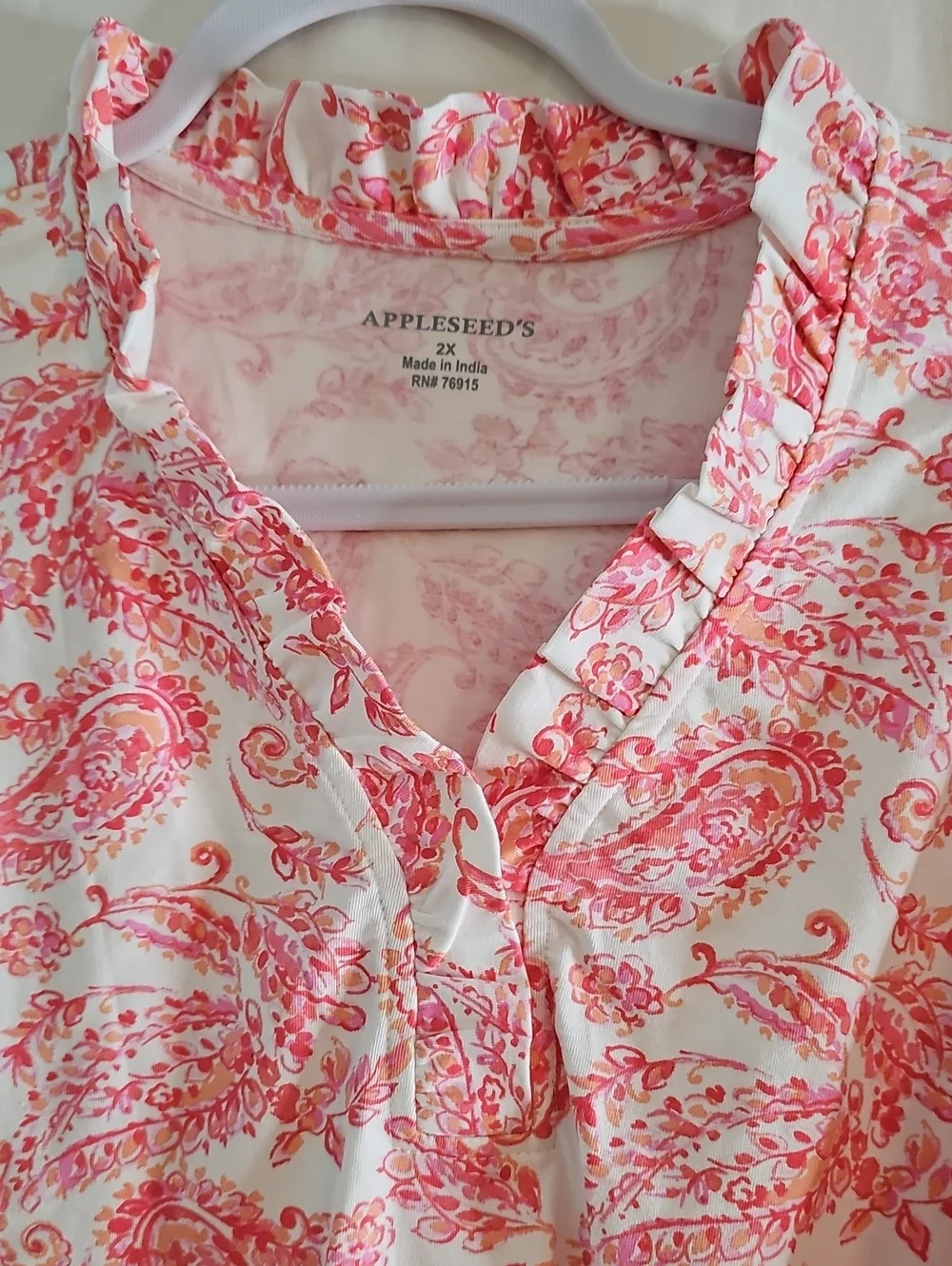 Appleseed's Women's Pink Paisley Ruffle-Trim Blouse - Picture 2 of 6